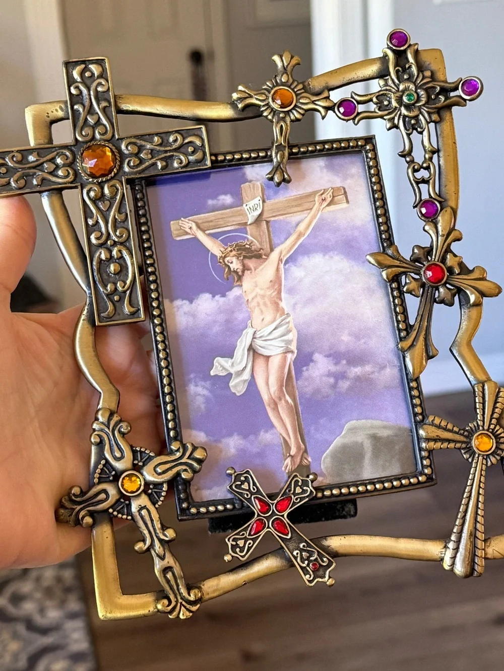 Vintage Decorative Bronze Cross Frame – Ornate Crosses & Gem Accents